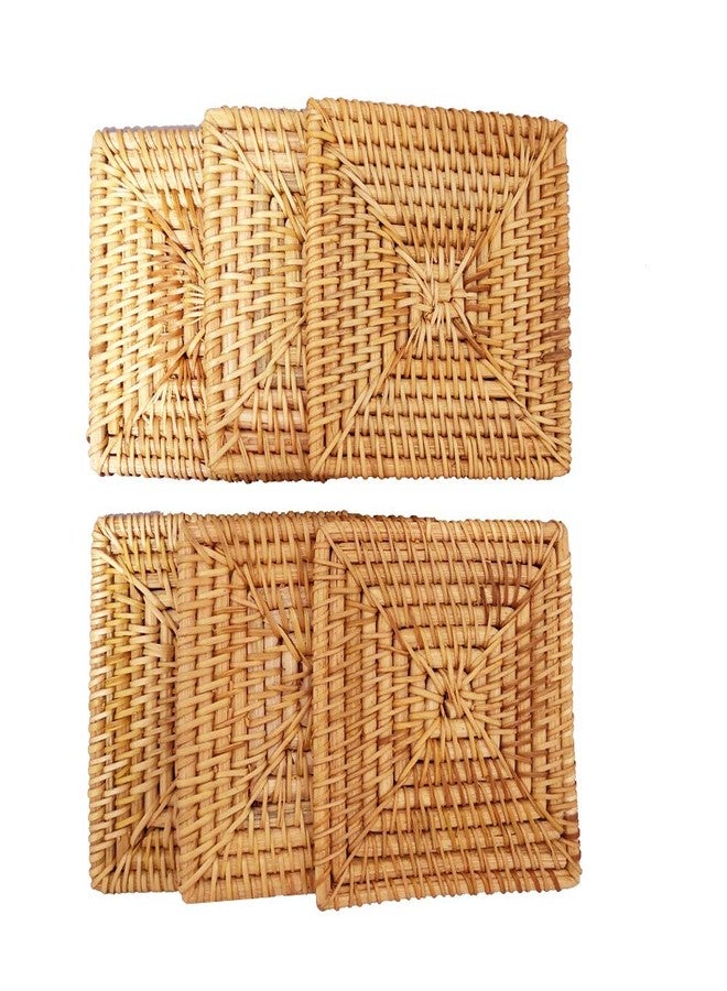 i-lan 6 Pack Woven Coasters Set for Drink, 4 Inch Square Rattan Cup Holder, Handmade Wicker Single Coasters, Decorative Coasters for Coffee Table, Drink Cups, Countertops, Wall Décor, Brown - Image 2